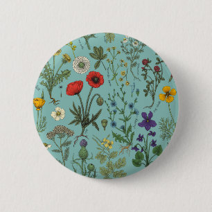 Wildflowers collage on blue 6 cm round badge