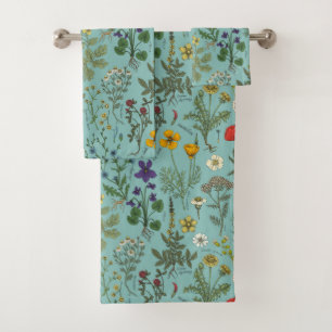 Wildflowers collage on blue bath towel set