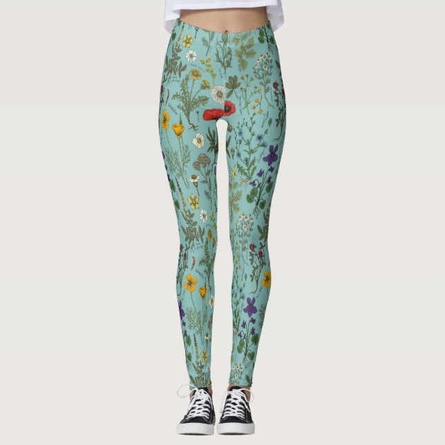 Wildflowers collage on blue leggings (Front)
