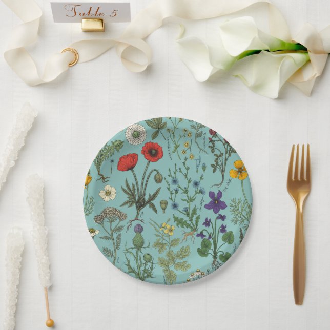 Wildflowers collage on blue paper plate (Wedding)