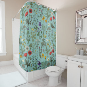 Wildflowers collage on blue shower curtain
