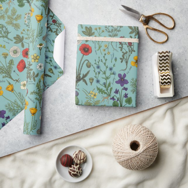 Wildflowers collage on blue wrapping paper (Crafts)