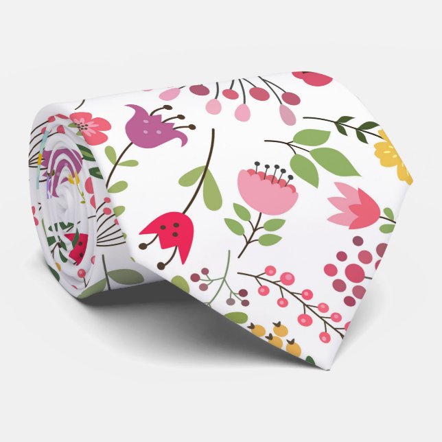 Wildflowers Colourful Floral Design on White  Tie (Rolled)