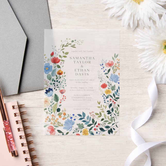 Wildflowers Colourful Garden Wedding Vellum Invitations (Wedding)