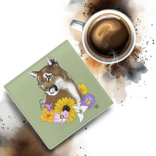 Wildflowers Cougar Mountain Lion Puma  Glass Coaster