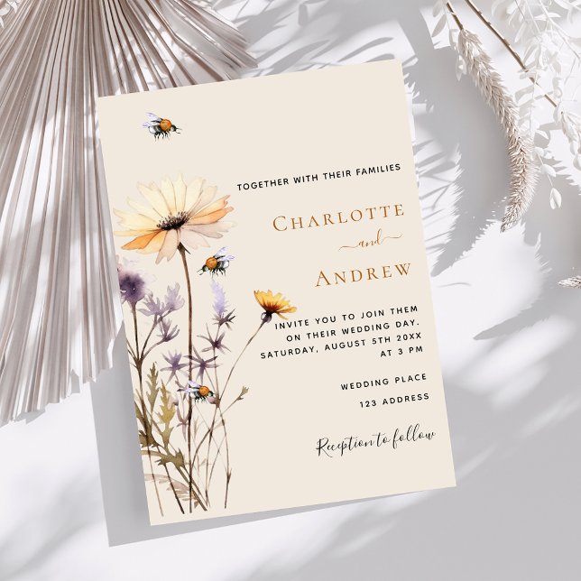 Wildflowers country yellow beige wedding invitation (Creator Uploaded)