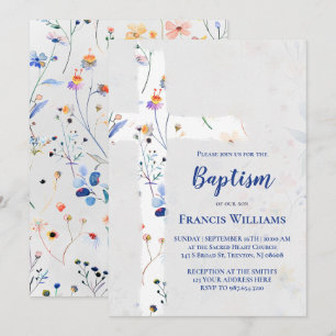wildflowers cross on grey watercolor Baptism Invitation