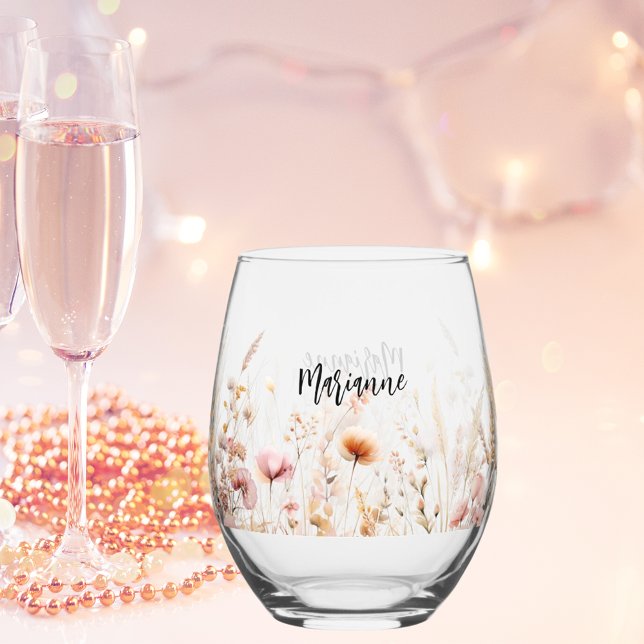 Wildflowers custom name script stemless wine glass (Creator Uploaded)