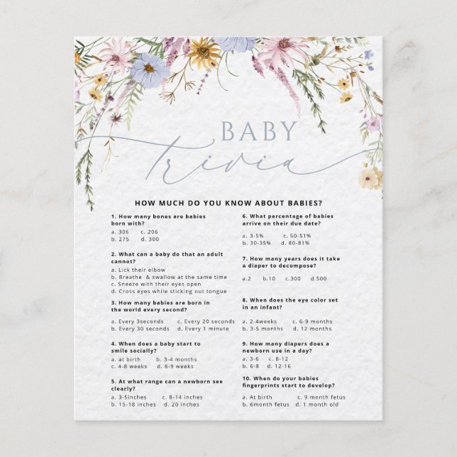 Wildflowers Cute Baby Trivia Baby Shower Game Card (Front)