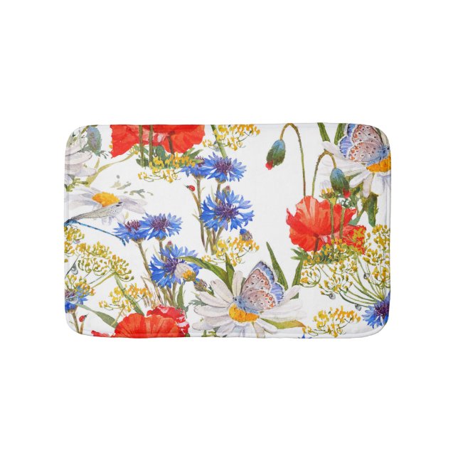 Wildflowers: dark blue watercolor seamless bath mat (Front)