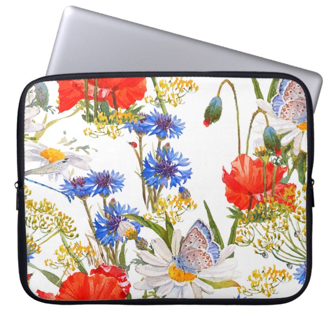 Wildflowers: dark blue watercolor seamless laptop sleeve (Front)