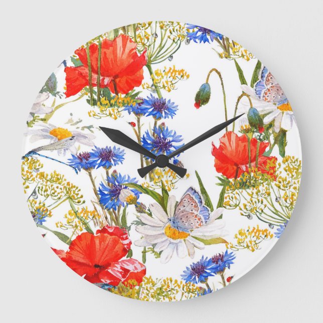 Wildflowers: dark blue watercolor seamless large clock (Front)