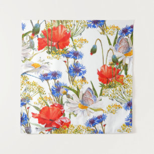 Wildflowers: dark blue watercolor seamless tapestry