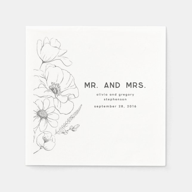 Wildflowers Drawing Elegant Wedding Mr and Mrs Napkin (Front)
