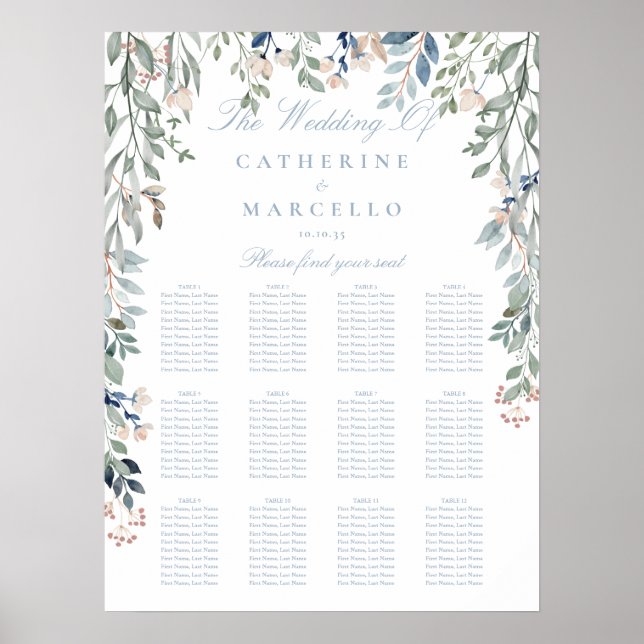 Wildflowers Dusty Blue Wedding Seating Plan Chart (Front)