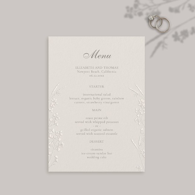 Wildflowers Ecru Faux Embossed Classic Wedding Menu (formal wedding menu card traditional calligraphy ecru faux embossed wildflowers modern classic large)