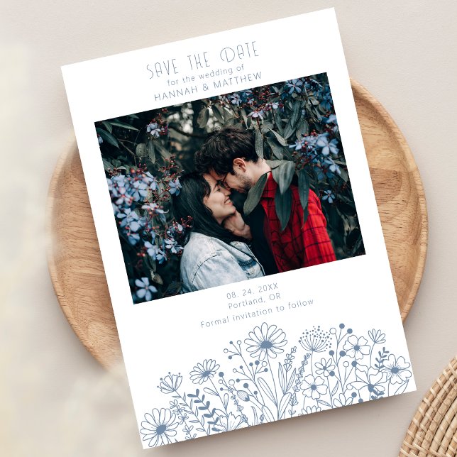Wildflowers Elegant  Boho Dusty Blue Photo Wedding Save The Date (Creator Uploaded)
