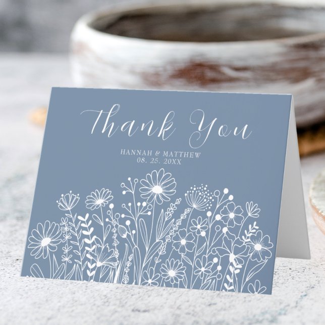 Wildflowers Elegant Dusty Blue Boho Wedding Thank You Card (Creator Uploaded)