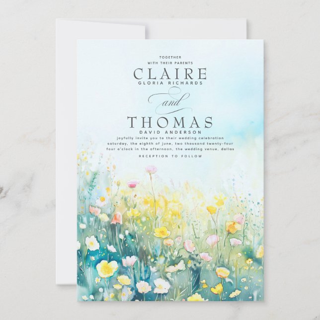 Wildflowers Elegant Dusty Blue Wedding Invitations (Front)
