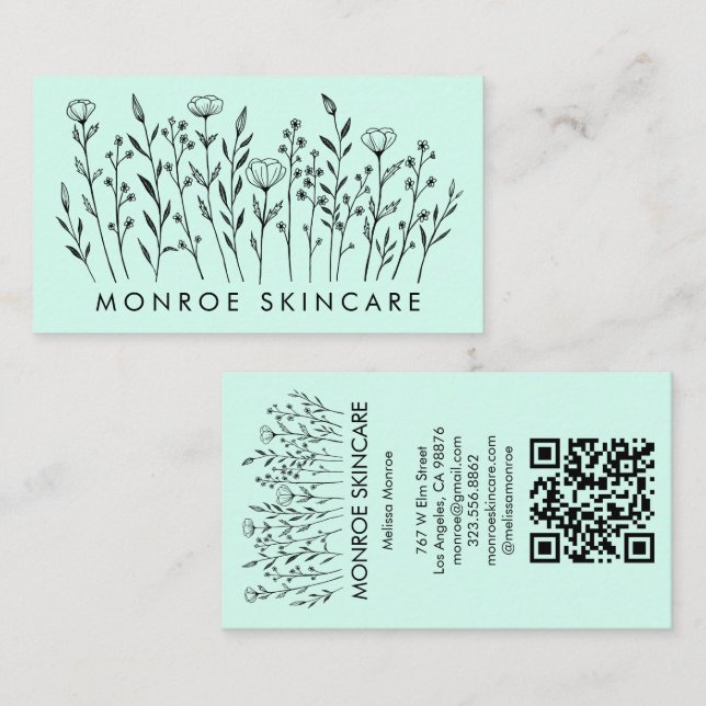 Wildflowers Elegant Line Art Chic Custom QR Code  Business Card (Front/Back)