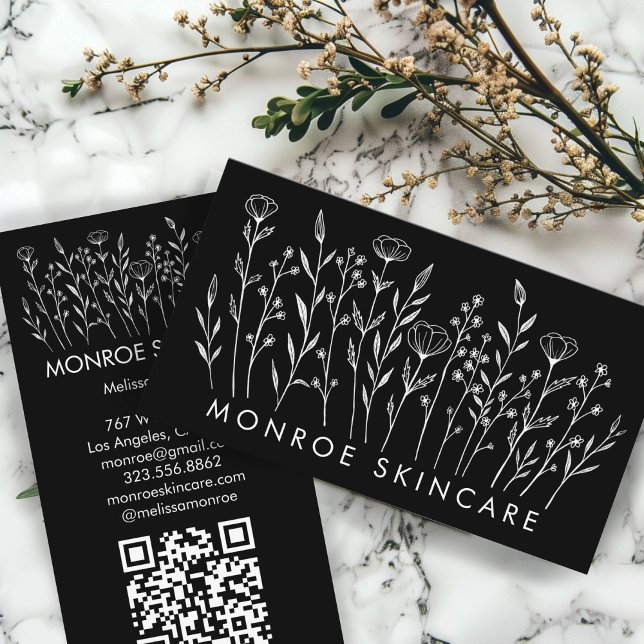 Wildflowers Elegant Line Art Chic Custom QR Code  Business Card (Wildflowers Elegant Line Art Chic Custom QR Code Business Card
Black and White)