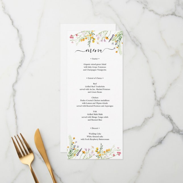 Wildflowers elegant Menu card monogrammed on back (Front/Back In Situ)