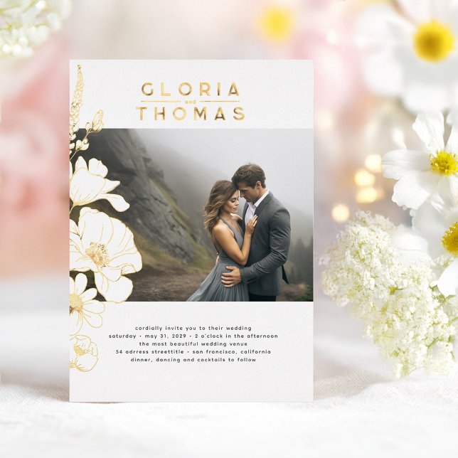Wildflowers Elegant Modern Wedding Photo (Gold Foil Wildflowers Photo Wedding Invitation)