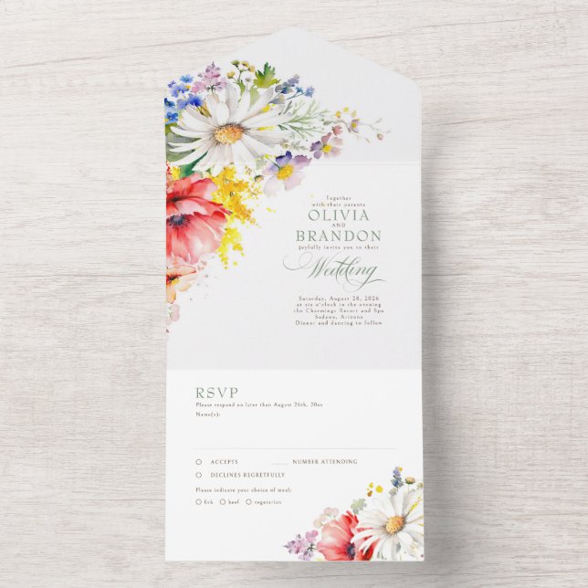 Wildflowers Elegant Vibrant Summer Wedding All In One Invitation (Inside)