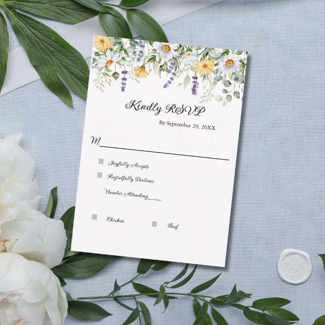 Wildflowers Eucalyptus Greenery Elegant Wedding  RSVP Card (Yellow White Lavender Purple Greenery Eucalyptus Wedding RSVP cards. Modern and Elegant)