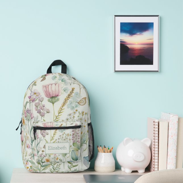 Wildflowers Eucalyptus Monogram Name Initials Printed Backpack (Monogrammed Boho Stylish Chic Wildflower Back pack for her.)