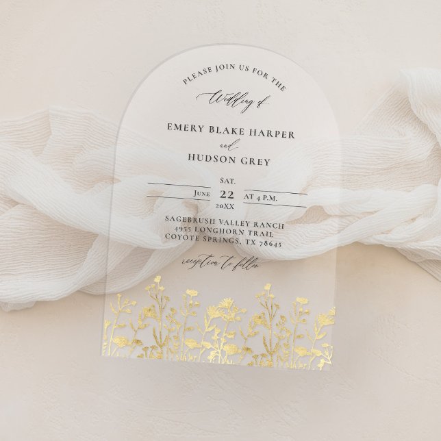 Wildflowers Faux Gold Modern Arch Clear Wedding Acrylic Invitations (clear wedding invitation acrylic boho arch wildflowers faux gold garden modern calligraphy)
