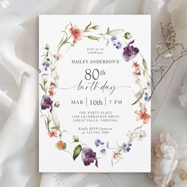 Wildflowers Feminine Floral 80th Birthday Party Invitation (Available in both printed and instant download digital formats.)