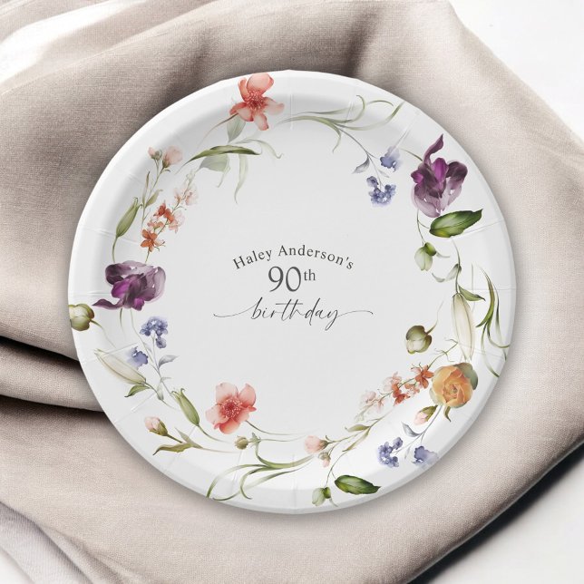 Wildflowers Feminine Floral 90th Birthday Party Paper Plate (Creator Uploaded)