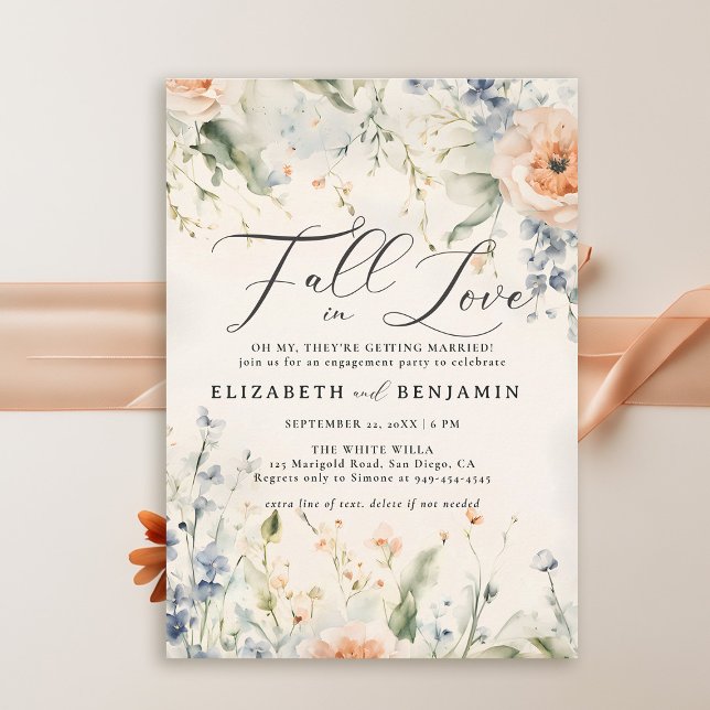 Wildflowers Fête Romantic Fall Engagement Party Invitation (fall engagement party invitations wildflowers rust burnt orange blue elegant watercolor casual chic)