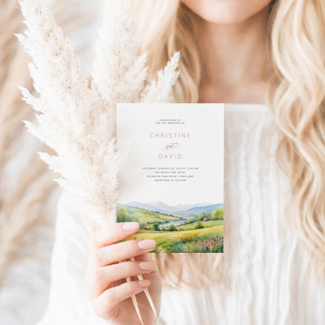 Wildflowers Field And Mountains Rustic Wedding Invitation (Creator Uploaded)
