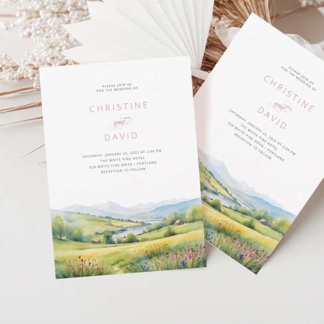 Wildflowers Field And Mountains Rustic Wedding Invitation (Creator Uploaded)