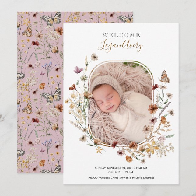 Wildflowers Floral Add Photo New Baby Birth  Announcement (Front/Back)