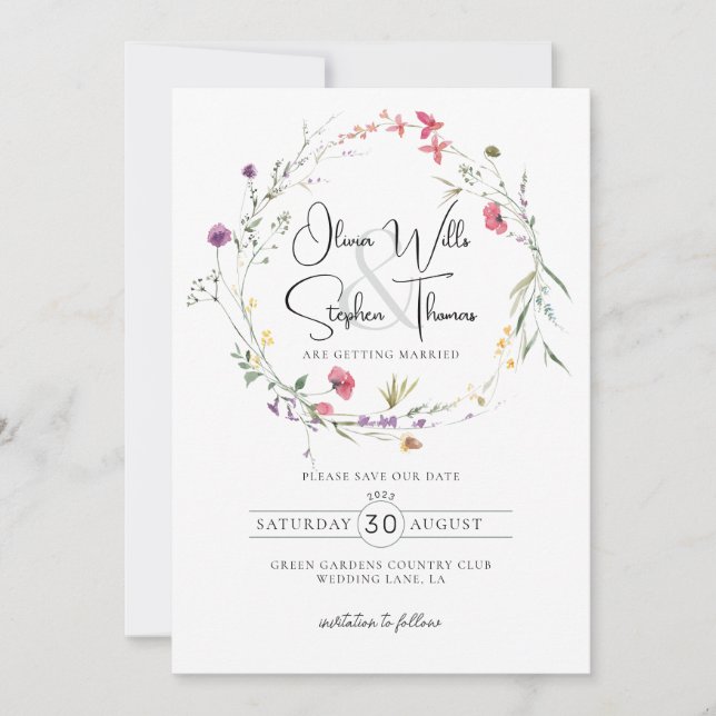 Wildflowers Floral Botanical Purple Save The Date Invitation (Front)