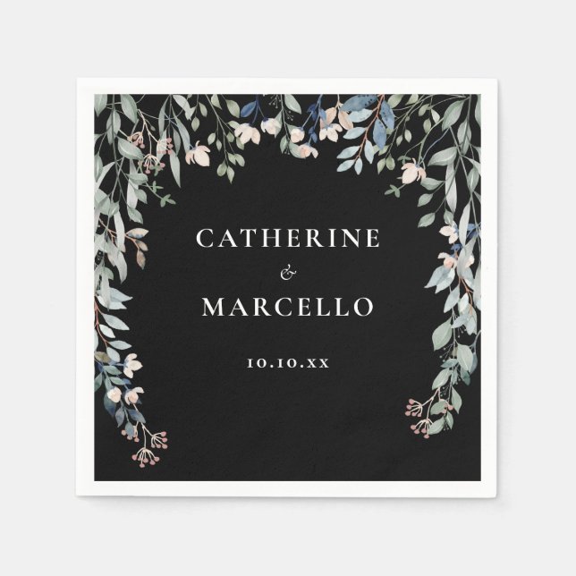Wildflowers Floral Cascade Black And White Wedding Napkin (Front)
