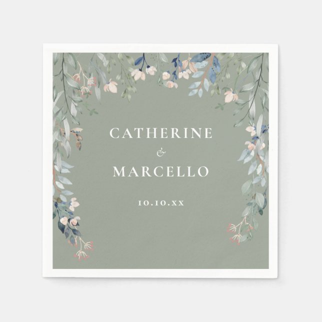 Wildflowers Floral Cascade Sage Green Wedding Napkin (Front)