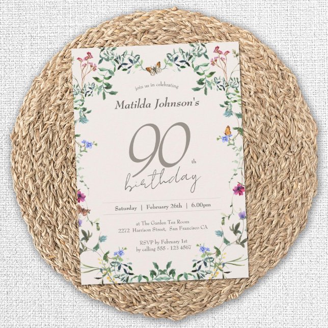 Wildflowers Floral Elegant 90th Birthday Party Invitation (Elegant 90th Birthday Wildflowers Floral Invitation)