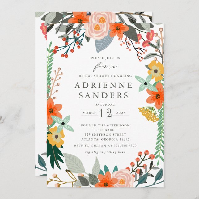 Wildflowers Floral Frame Bridal Shower Invitation (Front/Back)