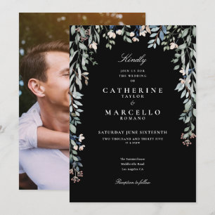 Wildflowers Floral Photo Black And White Wedding Invitation