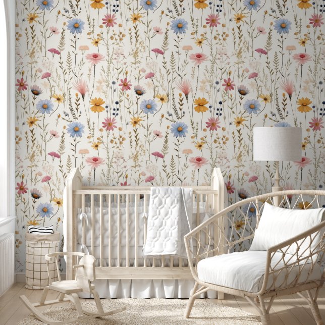 Wildflowers Floral Plants Botanical Bright White Wallpaper (Kids)