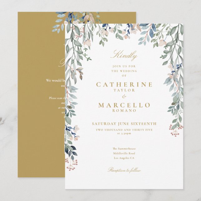 Wildflowers Floral QR Code Gold Wedding Invitation (Front/Back)
