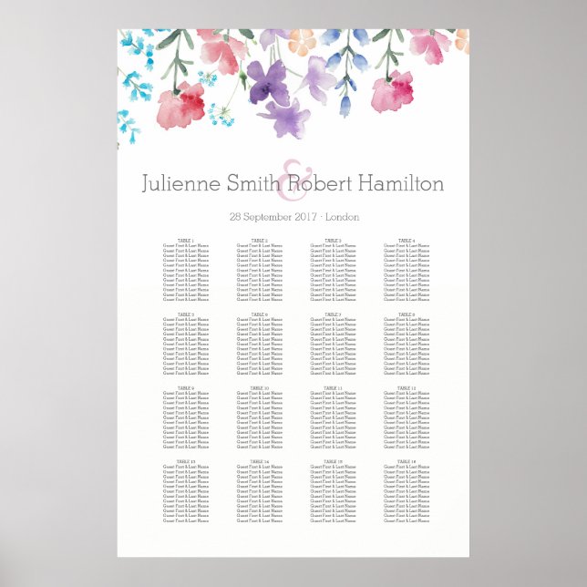Wildflowers Floral Wedding Seating Chart 16 Tables (Front)