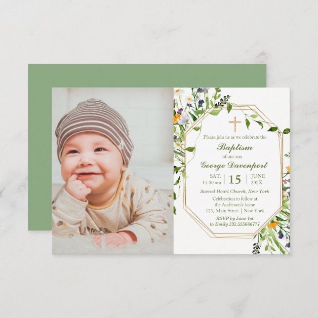 Wildflowers frame Baptism  custom photo Invitation (Front/Back)