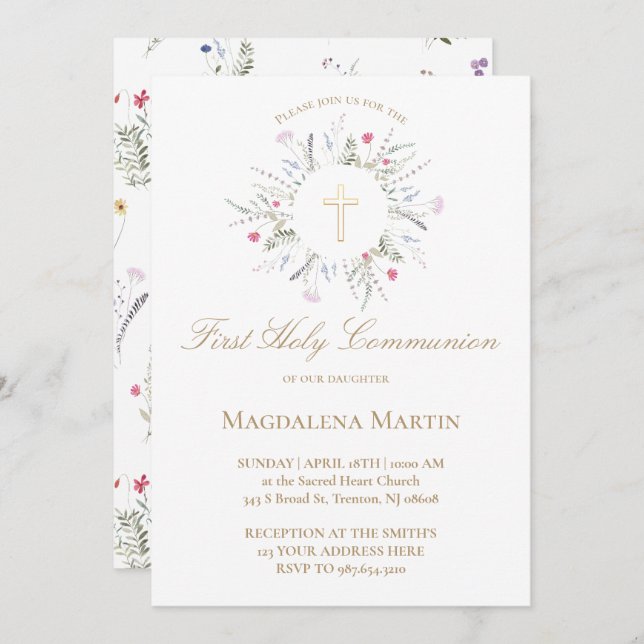 wildflowers frame First Holy Communion Invitation (Front/Back)