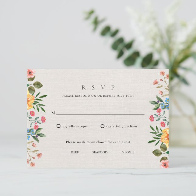 Wildflowers Garden Floral Wedding RSVP Card (Standing Front)