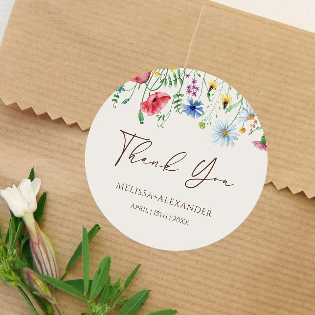 Wildflowers Garden Florals Wedding Beige Classic Round Sticker (Creator Uploaded)